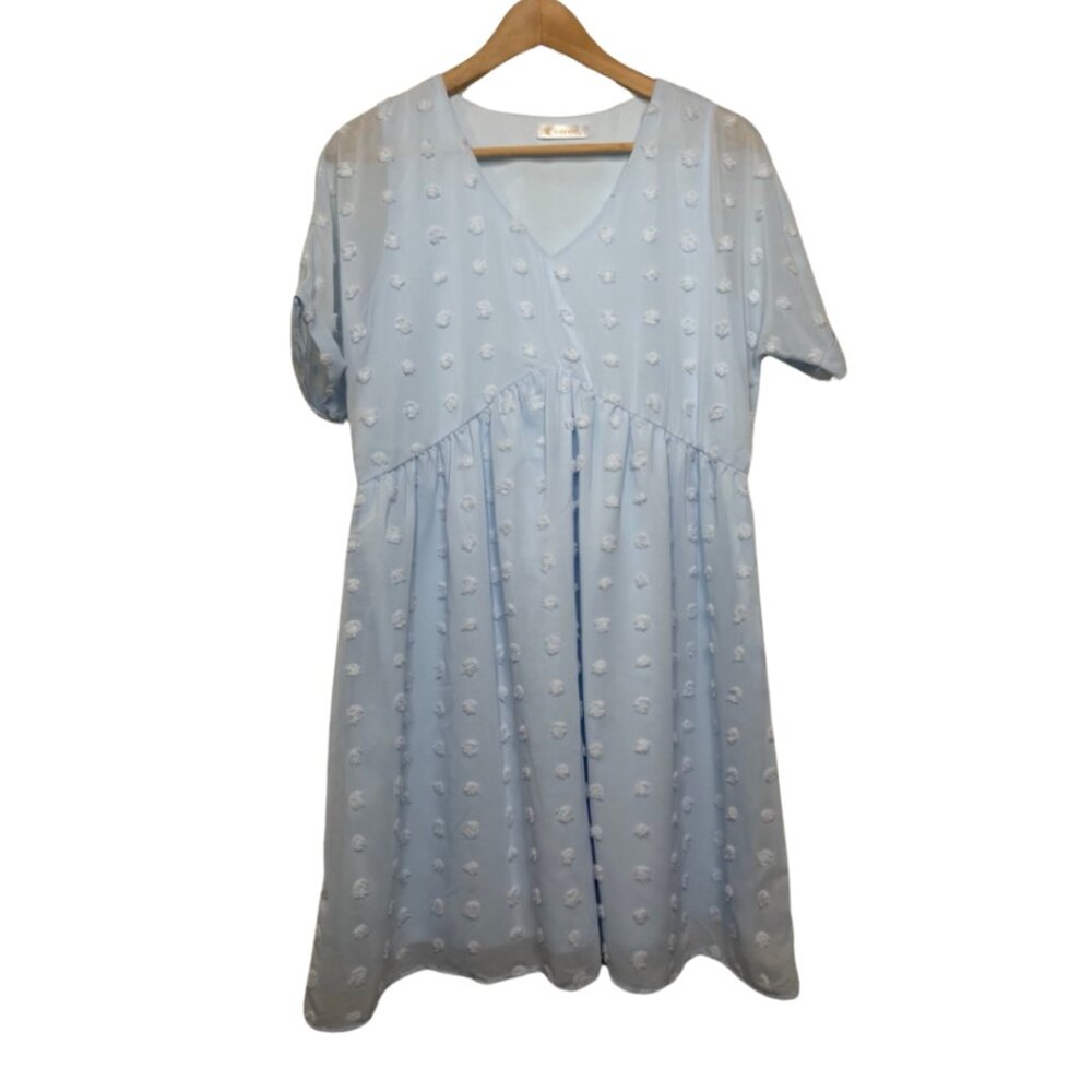 KIRUNDO | Short Sleeve Pale Blue Babydoll Swiss Dot Dress | Size S